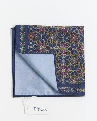 Navy Blue Medallion Print Silk Pocket Square