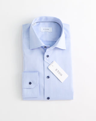 Eton Signature Twill Light Blue Contemporary Shirt With Navy Button Light Blue 