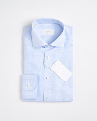 Eton Slim Light Blue Check Cotton Linen Shirt Light Blue 1790