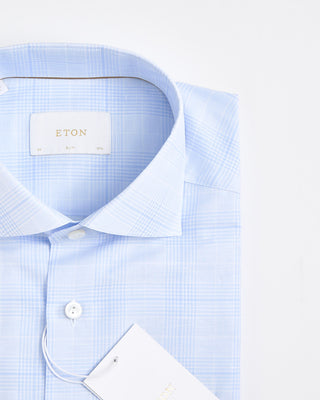 Eton Slim Light Blue Check Cotton Linen Shirt Light Blue 1792