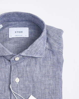 Eton Dark Blue Solid Twill Linen Shirt Navy 1836