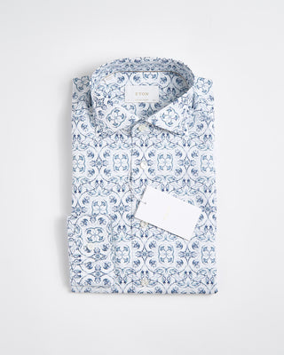 Eton Contemporary Light Blue Floral Cotton Linen Shirt Light Blue 1810