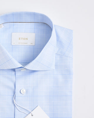 Eton Contemporary Light Blue Check Cotton Linen Shirt Light Blue 1800