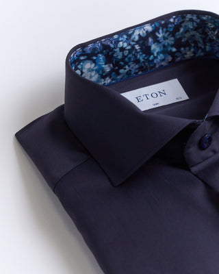 Eton Floral Trim W Navy Buttons Slim Shirt Navy 2672