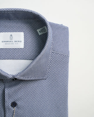 Emanuel Berg Modern Fit Albini 4 Flex Neat Pattern Stretch Knit Shirt Navy  White 4
