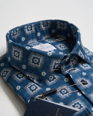 Emanuel Berg Modern Fit Albini 4 Flex Bold Archival Pattern Stretch Knit Shirt Blue 2