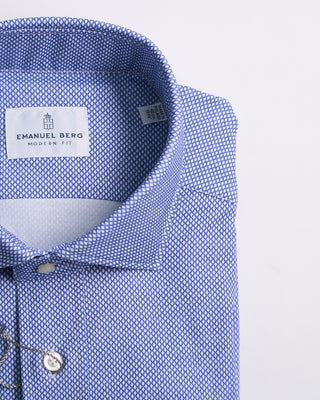 Emanuel Berg Modern Fit Albini 4 Flex Neat Pattern Stretch Knit Dress Shirt Navy 1595
