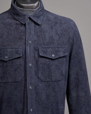 John Varvatos Jonah Printed Herringbone Leather Shirt Jacket Navy 3 5228