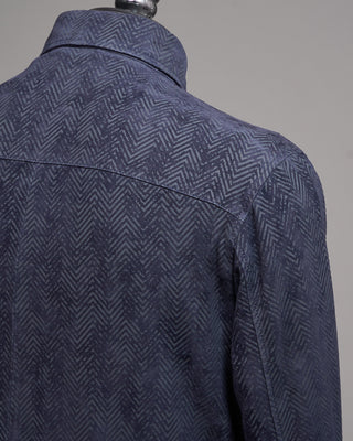 John Varvatos Jonah Printed Herringbone Leather Shirt Jacket Navy 8 5229