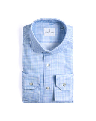 Emanuel Berg Plaid Modern 4Flex Knit Shirt Light Blue 5 4197