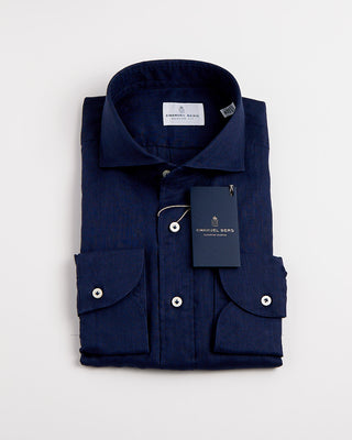 Emanuel Berg Washed Solid Luxe Linen Casual Sartorial Shirt Navy 1196