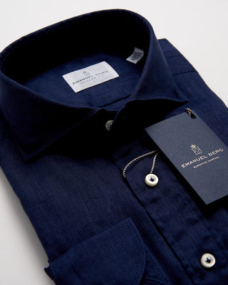 Emanuel Berg Washed Solid Luxe Linen Casual Sartorial Shirt Navy 1198