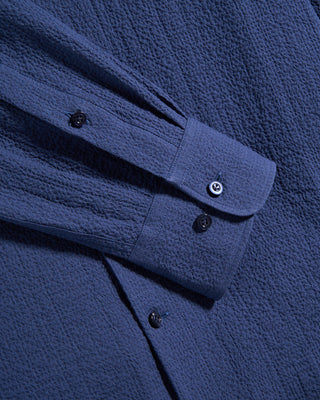 Emanuel Berg Seersucker Solid Casual Sartorial Shirt Navy 7 9689