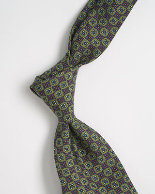 Robert Keyte Silk Geometric Mini Floral Pattern Tie Green 968