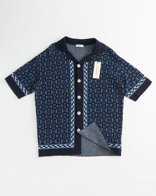 Phil Petter Geometric Knit Terry Boucle Short Sleeve Shirt Blue 