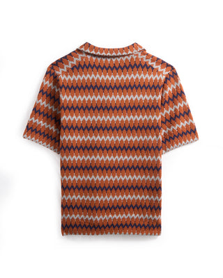Gallia Chevron Jacquard Knit Camp Shirt Orange / Navy / Beige 46 8708