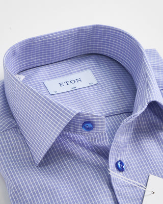 Eton Micro Check Signature Twill Shirt W/ Blue Buttons Light Blue 1 1