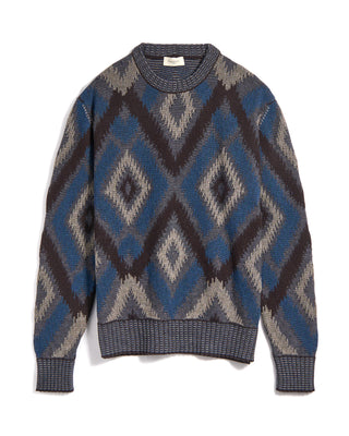 Piacenza 1733 5 Gauge Merino Wool Fil A Fil Ikat Argyle Crewneck Sweater Blue / Grey / Brown 3 3637