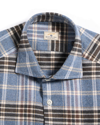 Sonrisa Luxury Herringbone Check Flannel Comfort Fit Sport Shirt Blue / Grey / Brown 3 5862