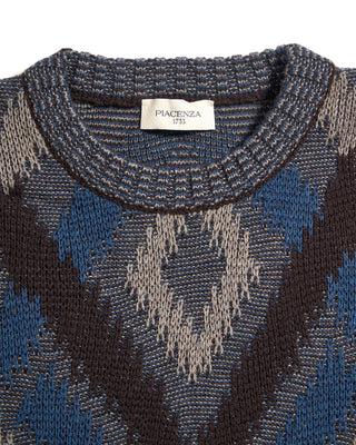 Piacenza 1733 5 Gauge Merino Wool Fil A Fil Ikat Argyle Crewneck Sweater Blue / Grey / Brown 4 3638