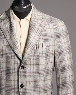 Gabo Napoli Salina Silk  Wool Hopsack Check Neopolitan Jacket Blue / Grey / Brown 4 8370