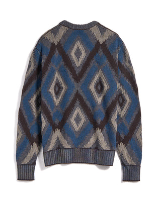 Piacenza 1733 5 Gauge Merino Wool Fil A Fil Ikat Argyle Crewneck Sweater Blue / Grey / Brown 9 3640