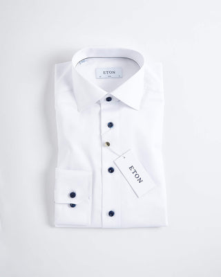 Signature White Twill Slim Shirt With Navy Buttons