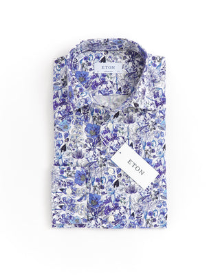 Eton Blue Floral Print Twill Contemporary Shirt