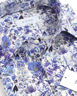 Eton Blue Floral Print Cotton Twill Contemporary Shirt