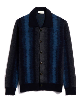 A3650 Piacenza 1733 12 Gauge Plush Merino Wool Glitch Stripe Cardigan Navy / Blue / Grey 10 3212