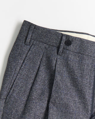 Echizenya Pleated Super 100s Saxony Glencheck Trousers Navy / Blue / Grey 1645