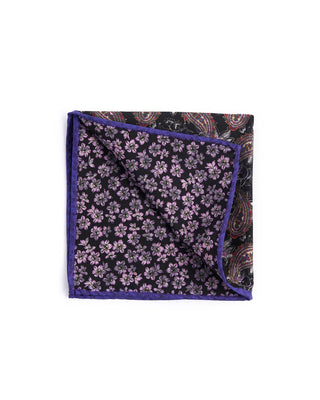 Dion Silk Double Printed Floral/Paisley Pocket Square Black 1 4583