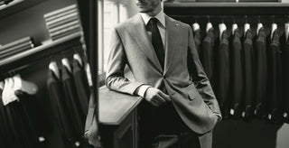 A man in a light grey Luigi Bianchi Mantova suit beside a rail of suits in their Mantova tailoring room