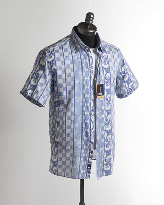 Benson 'Champlain' Blue Pattern Cotton & Tencel Short Sleeve Shirt