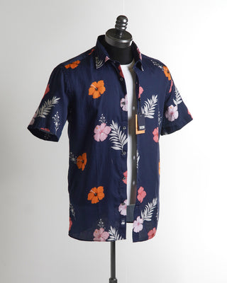 Benson 'Champlain' Navy Flowers Cotton & Tencel Short Sleeve Shirt