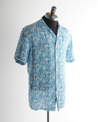 Benson Aqua Rosseau Floral Print Camp Collar Short Sleeve Shirt