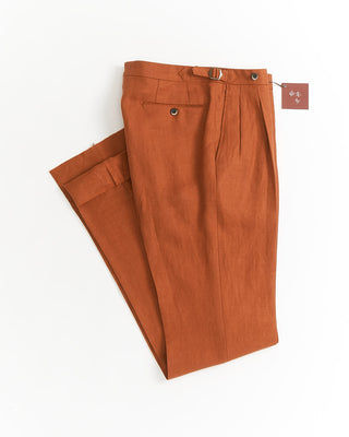 Echizenya Burnt Orange Linen Relaxed Fit Double Pleat Side Tab Pants