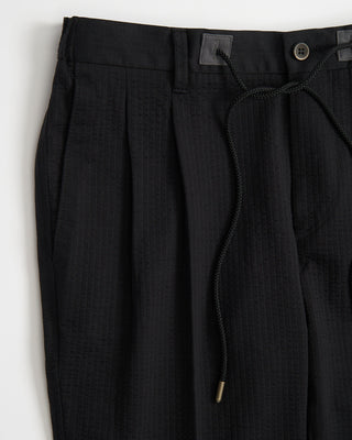 Echizenya Black Striped Seersucker Drawstring Double Pleat Trouser