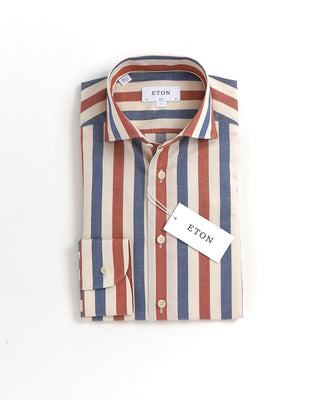 Eton Blue Brown Striped Wrinkle Free Cotton Linen Slim Shirt