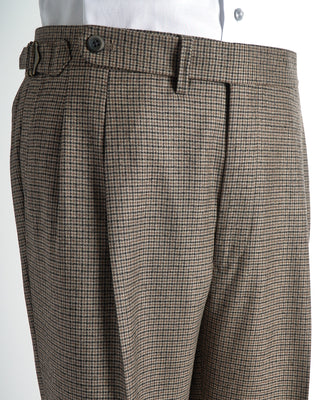 Wool Houndstooth Double Pleat Side Tab Relaxed Pants / Brown