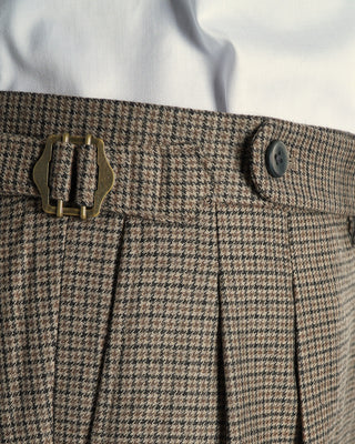 Wool Houndstooth Double Pleat Side Tab Relaxed Pants / Brown