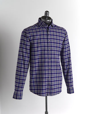 Eton Navy Checked Cotton-Tencel Flannel Slim Shirt
