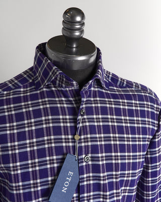 Eton Navy Plaid Cotton-Tencel Flannel Slim Shirt
