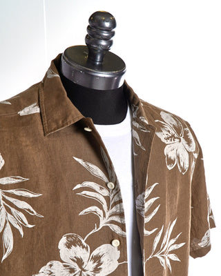 Eton Brown Linen Hibiscus Print Resort Regular Fit Shirt