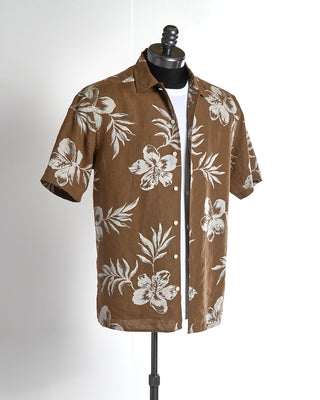 Eton Brown Linen Hibiscus Print Resort Regular Fit Shirt