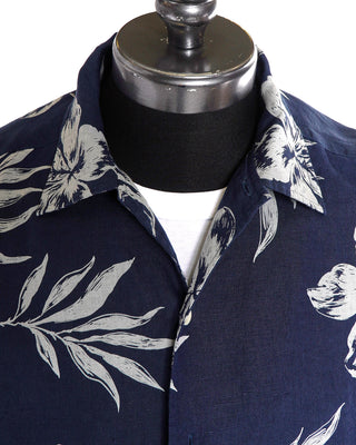 Eton Navy Linen Hibiscus Print Resort Regular Fit Shirt