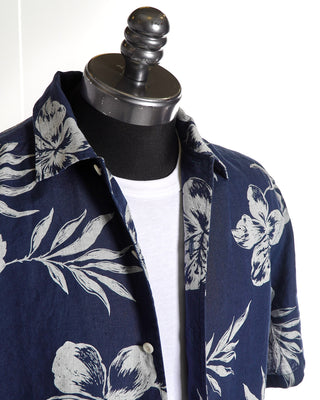 Eton Navy Linen Hibiscus Print Resort Regular Fit Shirt