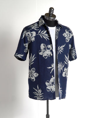 Eton Navy Linen Hibiscus Print Resort Regular Fit Shirt