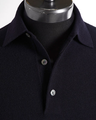 Filippo De Laurentiis Navy Seedstitch Wool Long Sleeve Polo