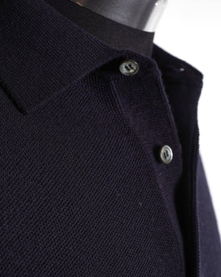 Filippo De Laurentiis Midnight Navy Seedstitch Merino Wool Long Sleeve Polo